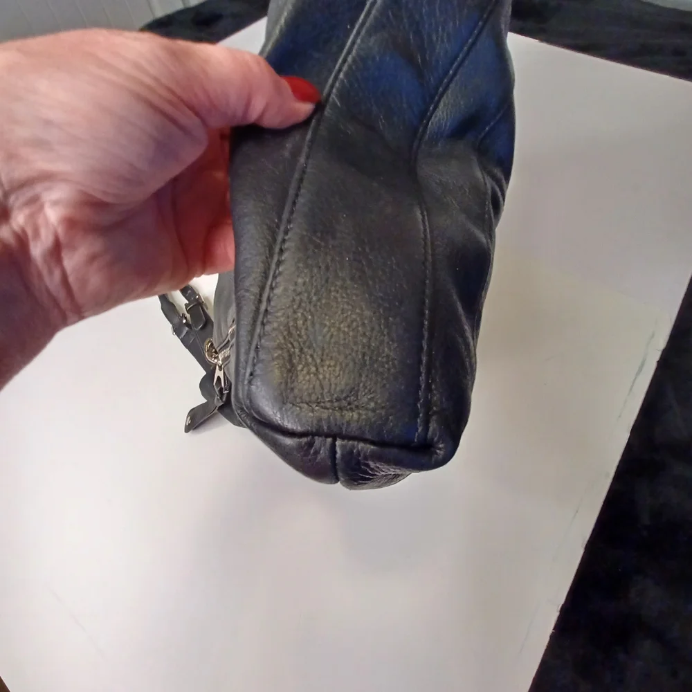 B. Makowsky Leather Hobo Style Moto Purse Shoulder Bag Black